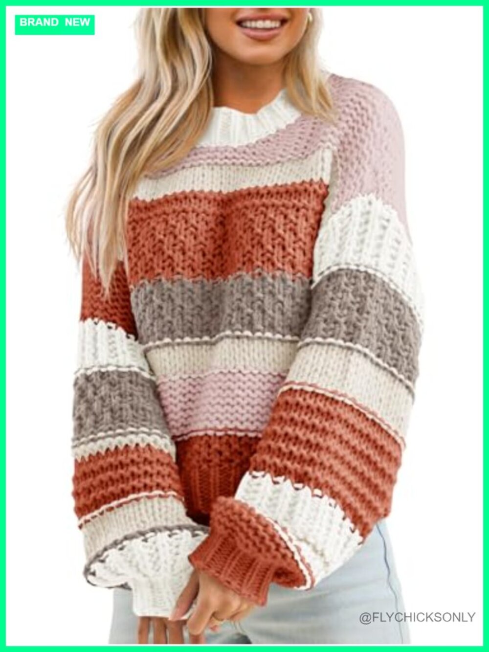 Womens Color Block Striped Chunky Knit Cropped Sweater Crew Neck Long Sleeve